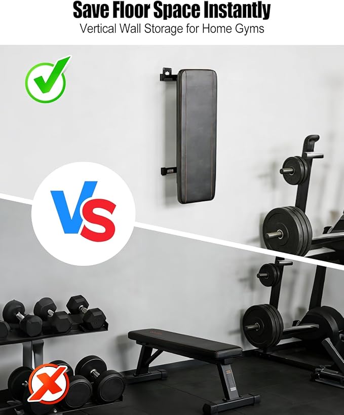 Weight Bench Gym Storage with Rubber Gasket, Heavy Duty Wall Mount Brackets 200 lb, Adjustable Hanger Home Gym Space-Saving Storage for Weight Benches, Hex Bars & Rowing Machines