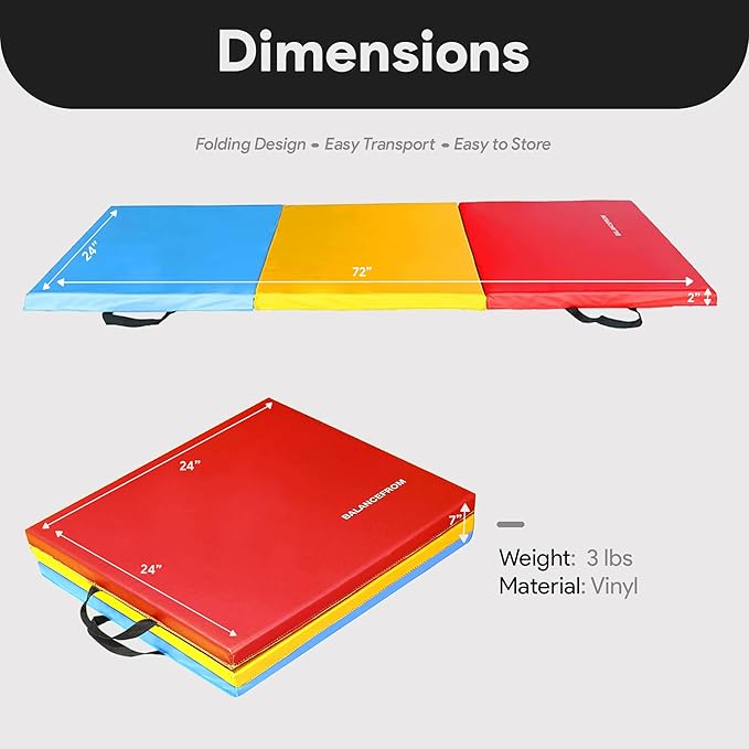 BalanceFrom 6x2 Feet 3-Panel Folding Gymnastics Mat – 2-Inch Thick Pad with Vinyl Surface and Carrying Handles for Tumbling, Yoga, Pilates, Home Workouts, and Martial Arts