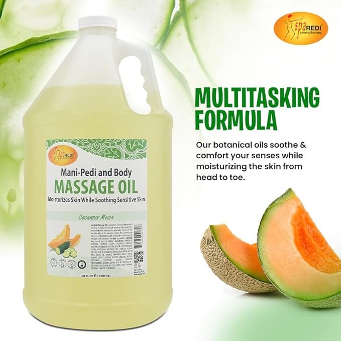 SPA REDI - Massage Oil, Cucumber and Melon, 128 Oz - Professional Full Body Massage Therapy, Made with Almond Oil, Cotton Seed Oil, Sunflower Oil, Avocado Oil, Essential Oils and Vitamin E