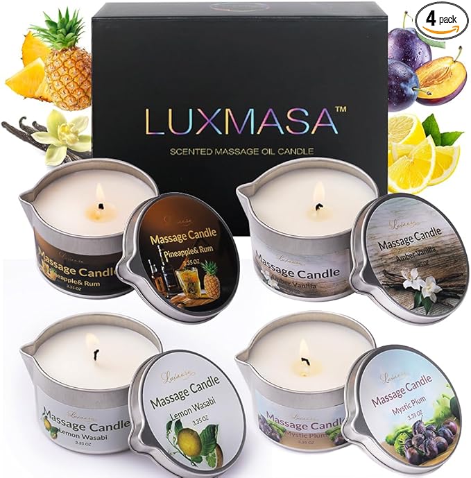 Massage Candle for Home SPA, 4 Pack Scented Soybean Massage Oil Candles Low Temp, Amazing Gift Set 13.4OZ (Scents: Mystic Plum, Amber Vanilla, Lemon Wasabi, Pineapple&Rum)