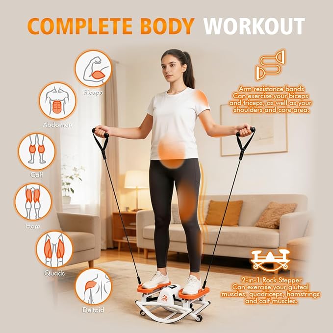 Rocking Steppers for Exercise at Home, the Rock Stepper Side to Side Stepper with 3D Motion & Resistance Bands for Full Body Cardio Workout, Quiet Low-Impact Stair Stepper, 380LBS Loading Capacity