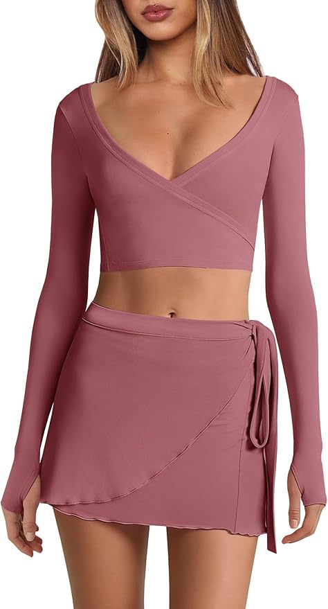 Nirovien Womens 2 Piece Workout Sets Sexy Pilates Outfits Athletic Gym Yoga Sets Ballet Wrap Top and Skirt
