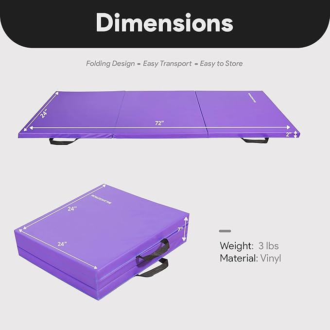 BalanceFrom 6x2 Feet 3-Panel Folding Gymnastics Mat – 2-Inch Thick Pad with Vinyl Surface and Carrying Handles for Tumbling, Yoga, Pilates, Home Workouts, and Martial Arts