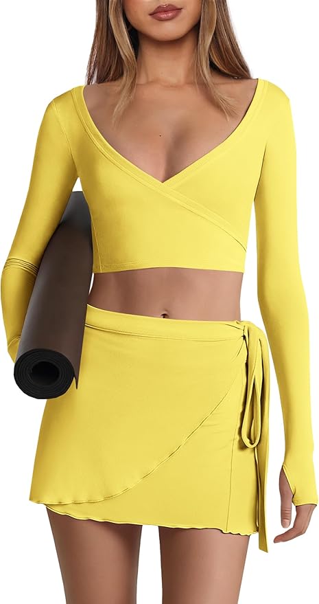 Nirovien Womens 2 Piece Workout Sets Sexy Pilates Outfits Athletic Gym Yoga Sets Ballet Wrap Top and Skirt