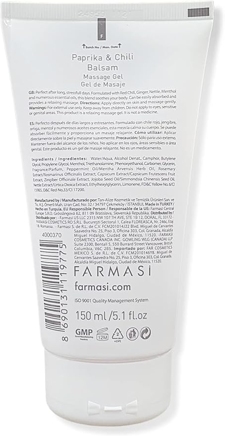 FARMASi Paprika & Chili Balsam, Soothing Warming Massage Gel, Helps Ease Muscle Tension and Supports Relaxation & Recovery, Smooth Non-Greasy Body Balm, 5.1 fl oz