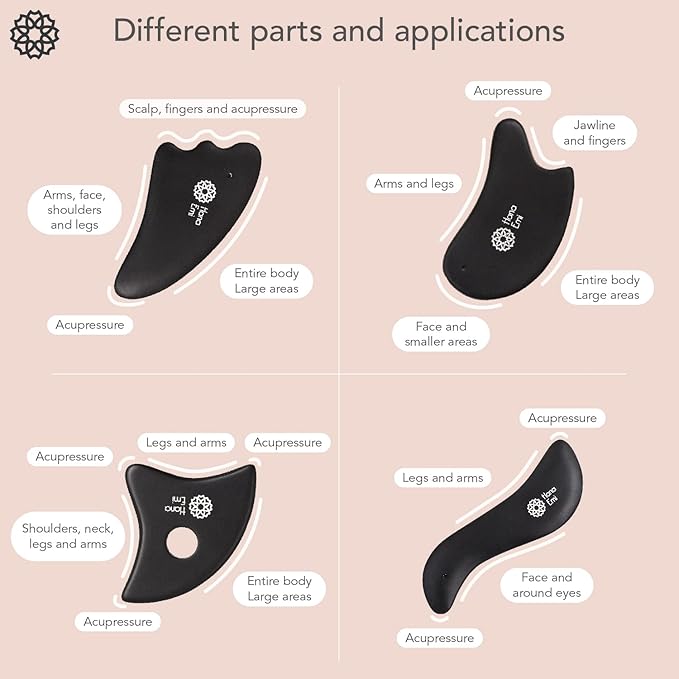 LUONKOS Gua Sha Facial Tools - Set of 4 Black - Large Bian Stone Guasha Tool for Face Sculpting - Lymphatic Drainage Massager with Polished Edges Glide Effortlessly for Daily Skincare Routine