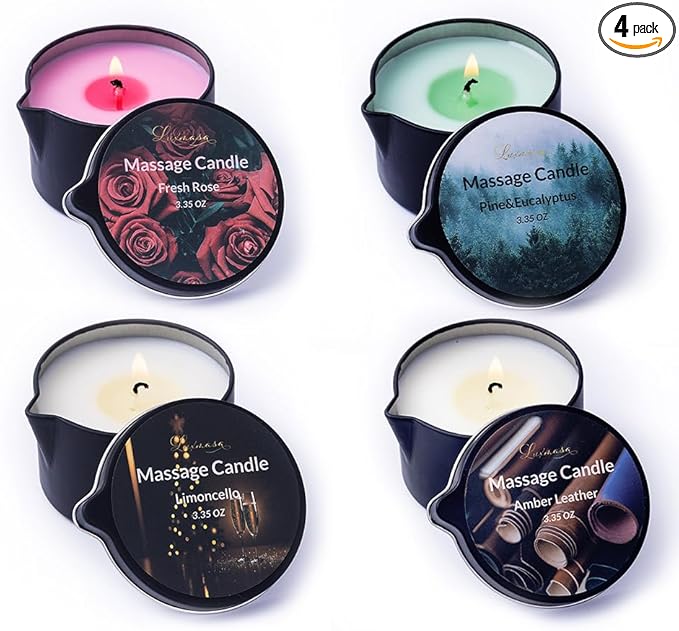 Massage Candle 4 Pack for Body Care,Low Temp Scented Soybean Wax Candle Melts into Warming Massage Oil for Skin Treatment-13.4 OZ (Scents-Pine & Eucalyptus, Fresh Rose, Limoncello,Amber Leather)