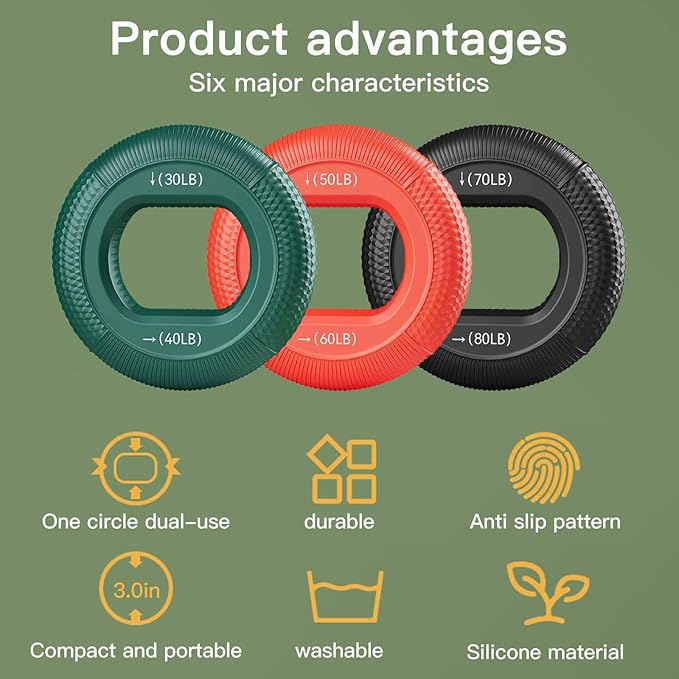 Grip Strength Trainer (30-80lbs) - 6 Resistance Levels, 3PCS Silicone Hand Grip Strengthener Rings for Rock Climbing, Athletes, Finger Workout & Stress Relief - Double Force Design