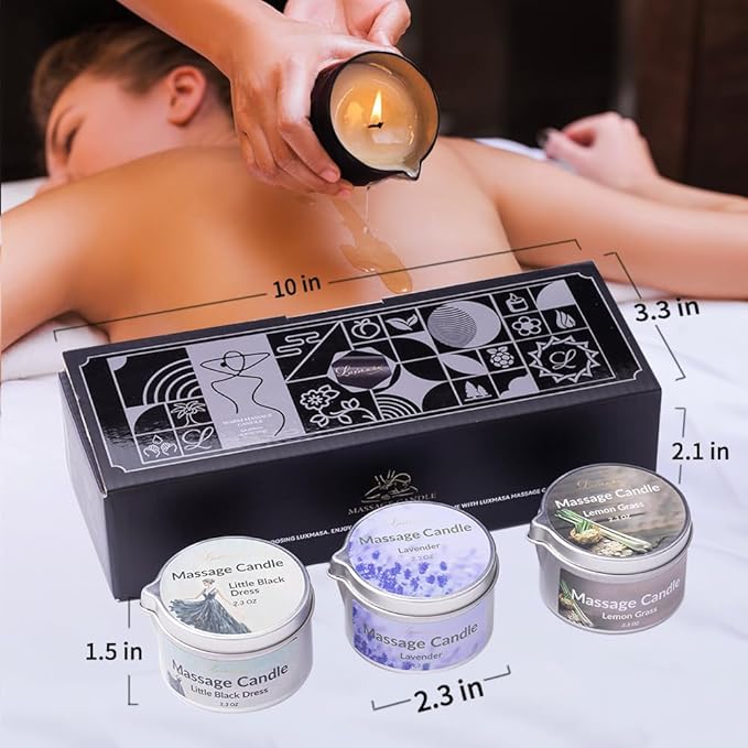 Massage Candle 3 Pack Scented Soy Wax Massage Body Oil for Home SPA, Nourishing Coconut Oil Infused Low Temp Aromatherapy Candle 6.9OZ (Lavender,Lemon Grass,Little Black Dress)
