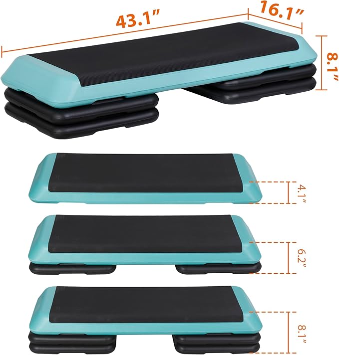 43" Exercise Aerobic Step Platform, Adjustable Fitness Stepper, with 4 Removable Risers for Home Gym Cardio Strength and Training
