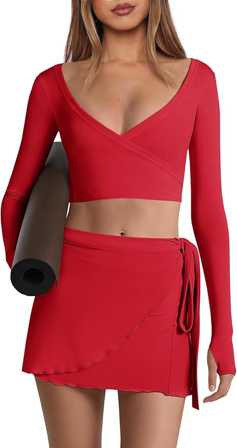 Nirovien Womens 2 Piece Workout Sets Sexy Pilates Outfits Athletic Gym Yoga Sets Ballet Wrap Top and Skirt