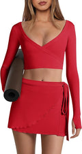 Nirovien Womens 2 Piece Workout Sets Sexy Pilates Outfits Athletic Gym Yoga Sets Ballet Wrap Top and Skirt