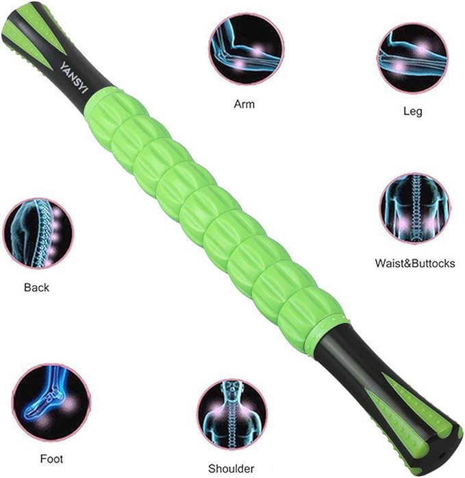 YANSYI 9-Roller Massage Stick - Deep Tissue Muscle Roller for Athletes, Relieves Post-Workout Soreness & Leg Back Pain, Portable Physical Therapy Tool (Green)