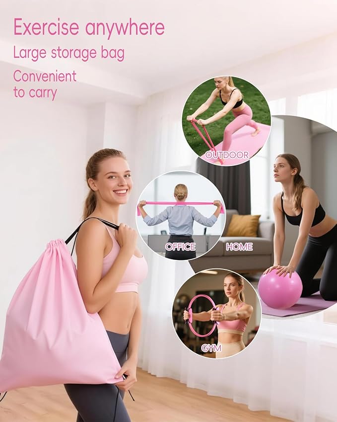 KABCON Pilates Kit for Home, Women Beginners Workout Essentials Set with 13" Ring, 9.8" Ball, Resistance Bands & Guide, 13/14/16 PCS Compact Pilates Equipment