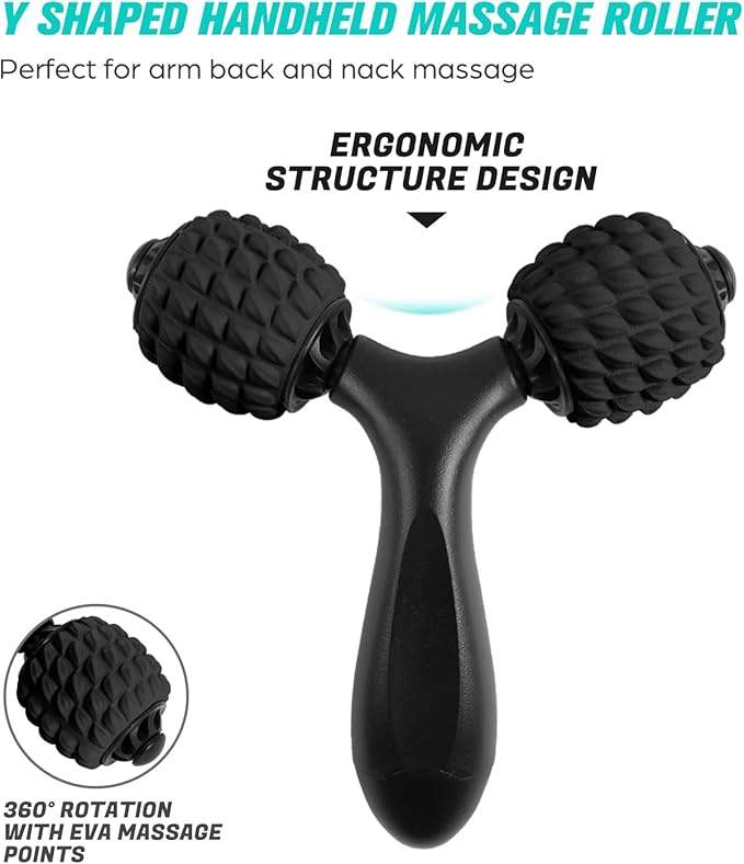 Odoland Massage Set - 360 Trigger Point, Muscle Roller Stick, Y Shaped Handheld, 2 Massage Balls for Legs, Arms - Myofascial & Deep Tissue Pain Relief - Black