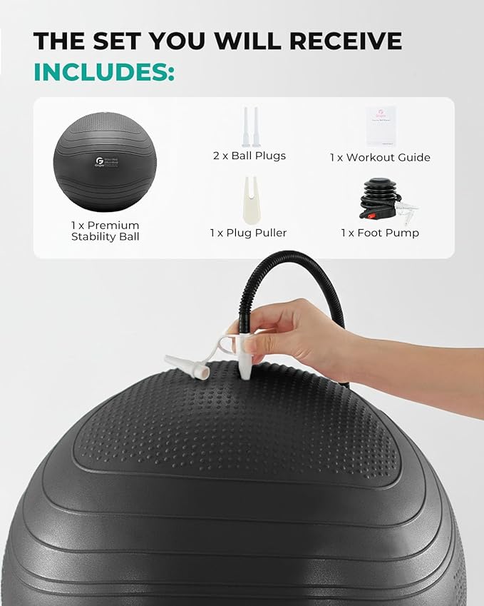 Gruper Yoga Ball, Extra Thick Exercise Ball for Workout Pregnancy Stability - 4 Sizes Anti Burst Balance Ball for Yoga, Pilates, Fitness, Birthing, Physical Therapy - Includes Pump