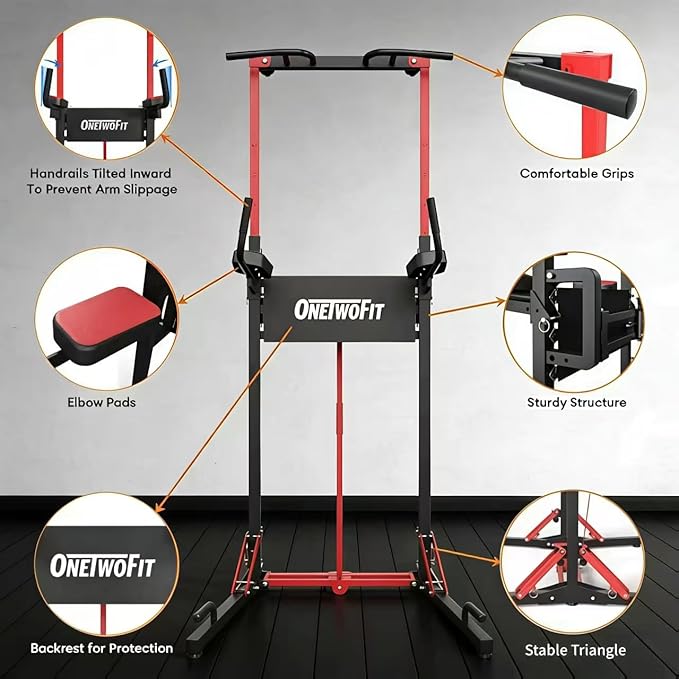 ONETWOFIT Foldable Power Tower Pull Up Bar Station, Multi-Function Adjustable Height Pull Up Dip Station for Gym Workout, Strength Training Fitness Equipment, Pull Up Stand Pro 400LBS/Pro Max 600LBS