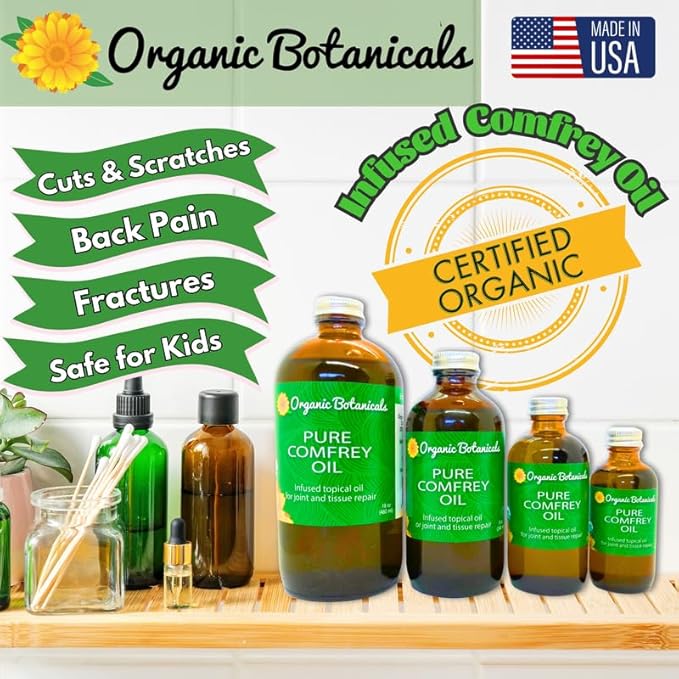 Pure Organic Comfrey Leaf Infused Oil - Skin Care for Joints, Back, Muscles, Fractures, Bruises, and Minor Wounds, Natural Herbal Body Massage Oil, Certified Organic (8 oz)