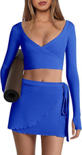 Nirovien Womens 2 Piece Workout Sets Sexy Pilates Outfits Athletic Gym Yoga Sets Ballet Wrap Top and Skirt