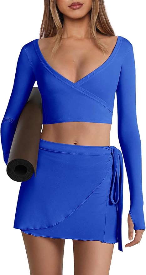 Nirovien Womens 2 Piece Workout Sets Sexy Pilates Outfits Athletic Gym Yoga Sets Ballet Wrap Top and Skirt