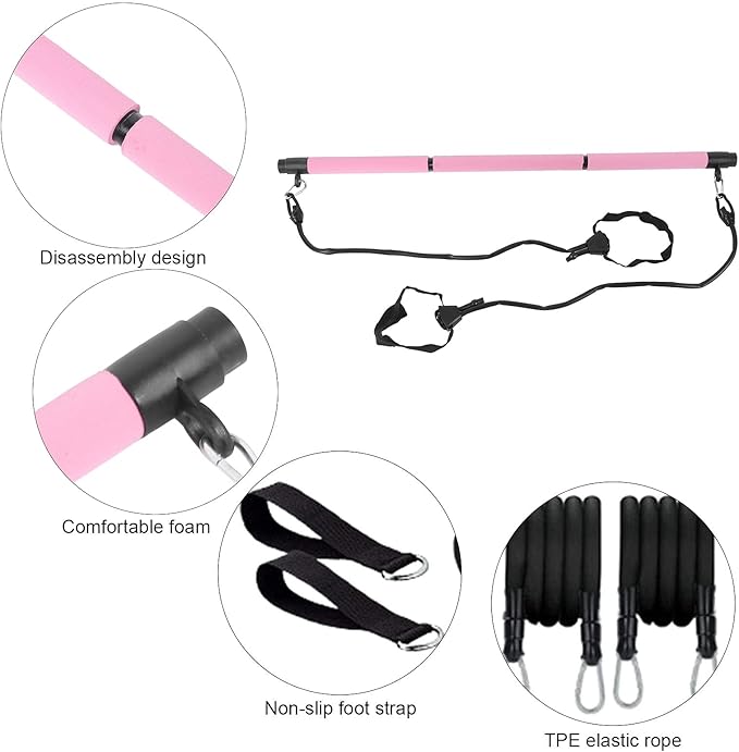 3 Sections Adjustable Pilates Bar, Portable Pilates Workout Stick for Full Body Training, Detachable Body Building Puller with Foam Grip for Home Gym Yoga Fitness