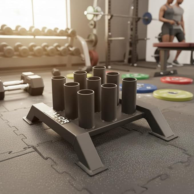 Valor Fitness Olympic Barbell Holder – Vertical 9 - Bar Storage Rack with Protective Sleeve Inserts – Space-Saving Steel Stand for Home Gym & Commercial Gyms