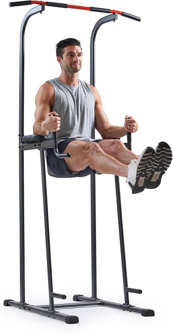 Sunny Health & Fitness Power Tower, Dip Bar, Push-Up & Pull Up Assisting Parallette Station w Optional Rock Climbing Grip Trainer