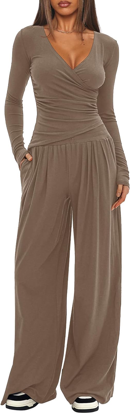 Womens 2 Piece Outfits Pilates Yoga Long Sleeve Tops Wide Leg Pants Sets Sexy Fashion Workout Outfits Casual Clothes