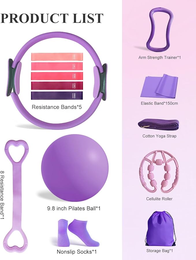 Home Workout Pilates Kit for Women, Better me Pilates Ring and Ball Set Essentials Equipment, with 5 Resistance Bands, Massager Roller, Yoga Starter Accessories for Toning Arms, Thighs & Core