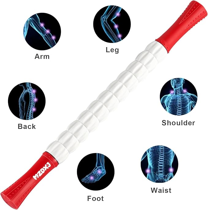 Muscle Roller Massage Roller Stick- Deep Tissue Fascia Blaster for Myofascial Pain Relief, Lymphatic Drainage & Body Sculpting, Handheld Physical Therapy & Recovery Tool (Red White-20 inch)