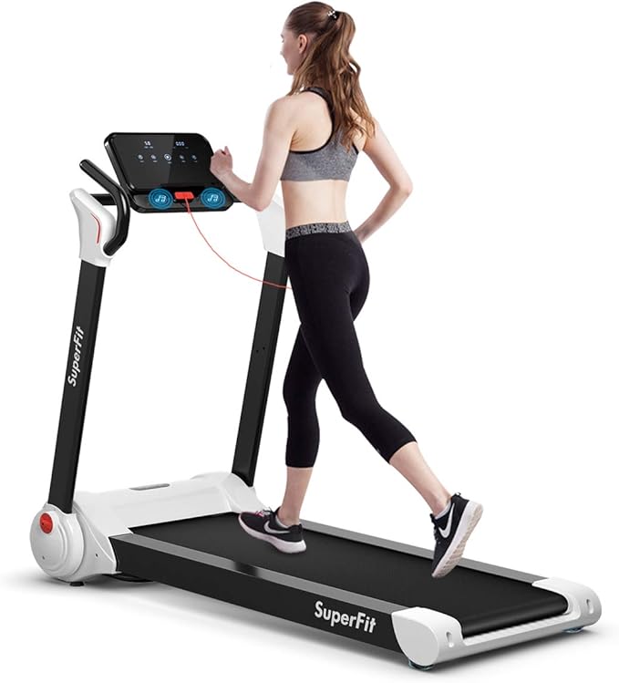 Goplus 3HP Treadmill with Desk Workstation, Superfit Foldable Treadmills for Home Office, Adjustable Height, Bluetooth Speaker, APP Control, LED Display, 25 Preset Programs, Portable Running Machine