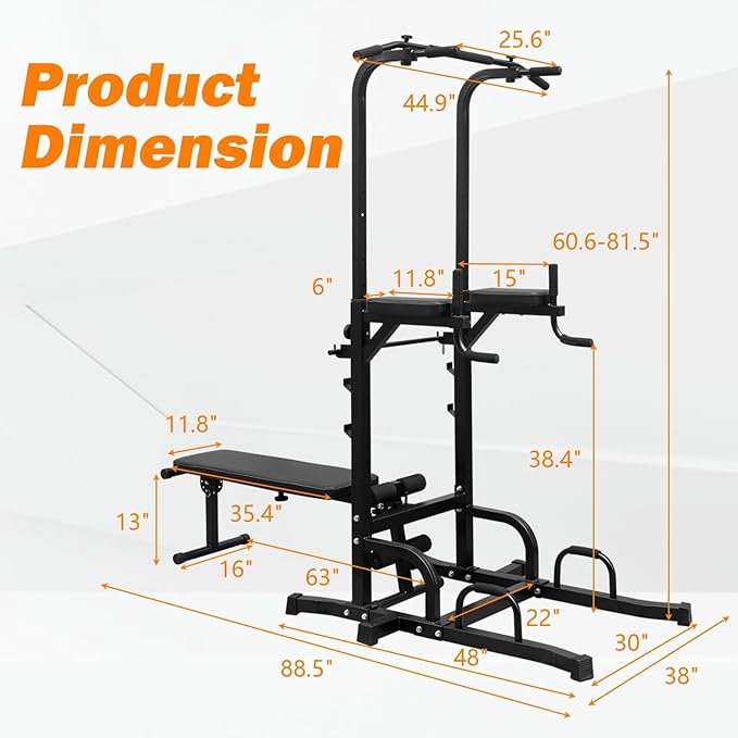 Adjustable Power Tower Dip Station with Bench, Multi-Function Heavy Duty Pull Up Bar Stand, Home Gym Fitness Training Equipment for Strength Workouts