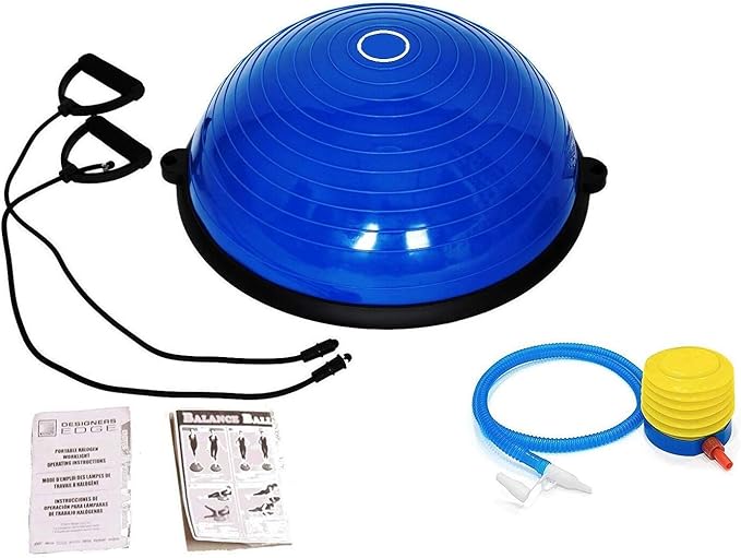 Half Ball Balance Trainer, Half Yoga Balance Board Exercise Ball for Full Body Workout, Stability Ball Platform, Core AB Training Strength Home Workout Fitness Physical Therapy, 2 Resistance Bands