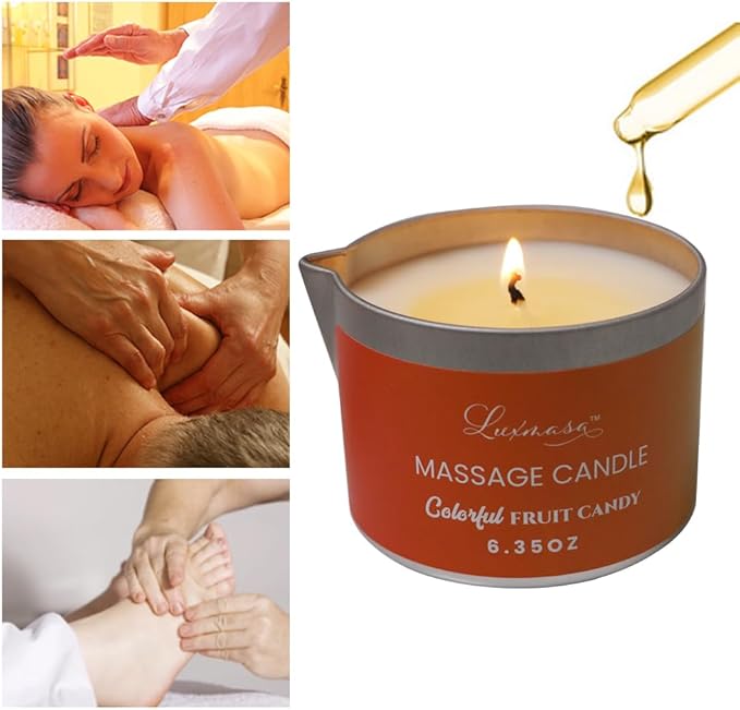 Massage Candle-Low Temp Scented Soybean Oil-Heat Therapy Body Oil Lotion Candle-Natural Shea Butter Massage Oil for Couples-6.35 OZ (Colorful Fruit Candy Scent)
