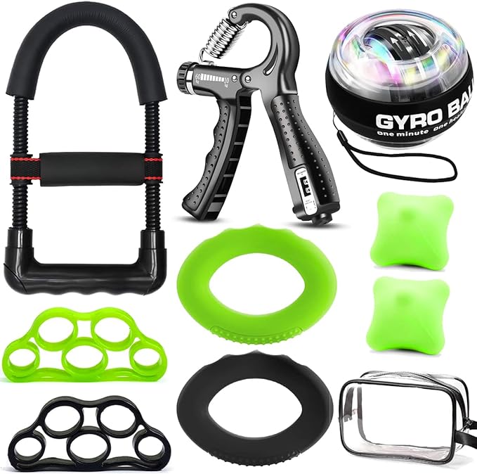 Hand Grip Strengthener Workout Kit (10Pcs) Hands Grip Strength Trainer, Forearm Gripper, Finger Exerciser Stretcher Wrist Ball, Stress Relief Ball for Men and Women, Injury Recovery