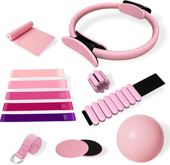 JITUIHOM Pilates Equipment Kit for Home Workout - Complete Ring and Ball Set with Core Sliders, Adjustable Ankle/Wrist Weights, and Resistance Bands for Women