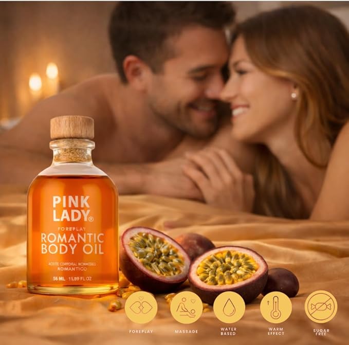 PINK LADY Romantic Body Oil Strawberry and Champagne - 1.90 fl oz / 56 ml - Kissable Warming Body Treat for Foreplay Fun, Water Based (Passion Fruit)