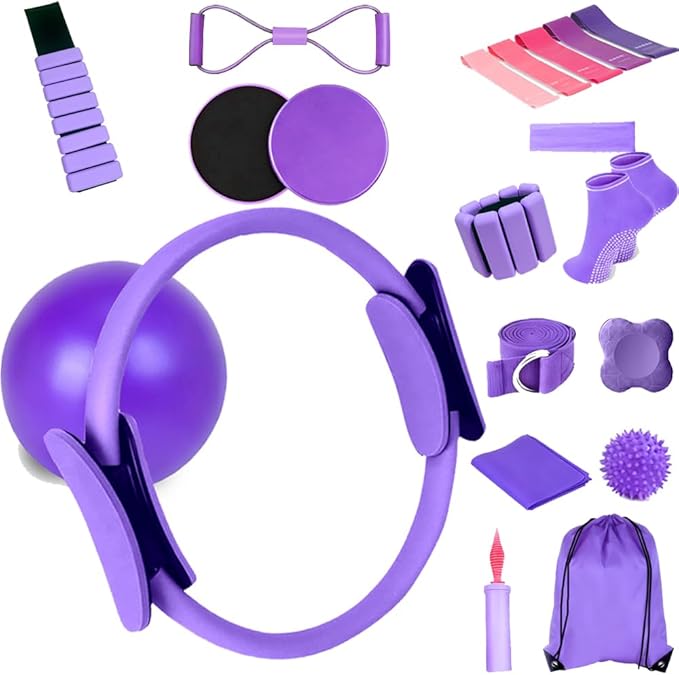 Pilates Equipment Set for Home Workouts –15in1 Home Pilates Kit with Ring and Ball Set, Resistance Bands, Pilates Yoga Accessories, Core Sliders & Ankle Weights, Pilates Essentials Kit