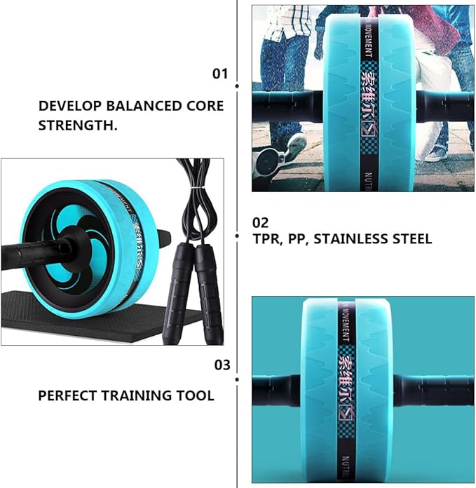 Cabilock Ab Roller Wheel Core Exercise Fitness Roller with Knee Pad and Jump Rope Set for Home Gym Workout, Silent Blue Exercise Wheel for Strength Training and Abdominal Muscle Building