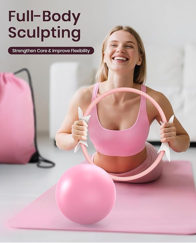 Pilates Ring Set for Women, Home Workout Pilates Equipment with Resistance Bands, 14'' Magic Circle, Mini Ball, Pilates Starter Kit for Strength, Toning and Flexibility