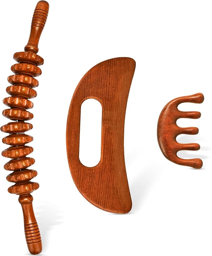 3-in-1 Wood Therapy Massage Tools Wooden Gua Sha Lymphatic Drainage Massager Body Sculpting Tools, Maderoterapia kit, Anti-Cellulite, Body Sculpting & Contouring