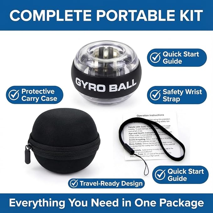Wrist Ball, Gyro Ball Wrsit Exceciser, Battery-Free 6-Stage Color-Changing LED Gyro Ball, Torque Ball, Forearm & Grip Strength Trainer for Muscle Recovery, Stress Relief & Office Workers