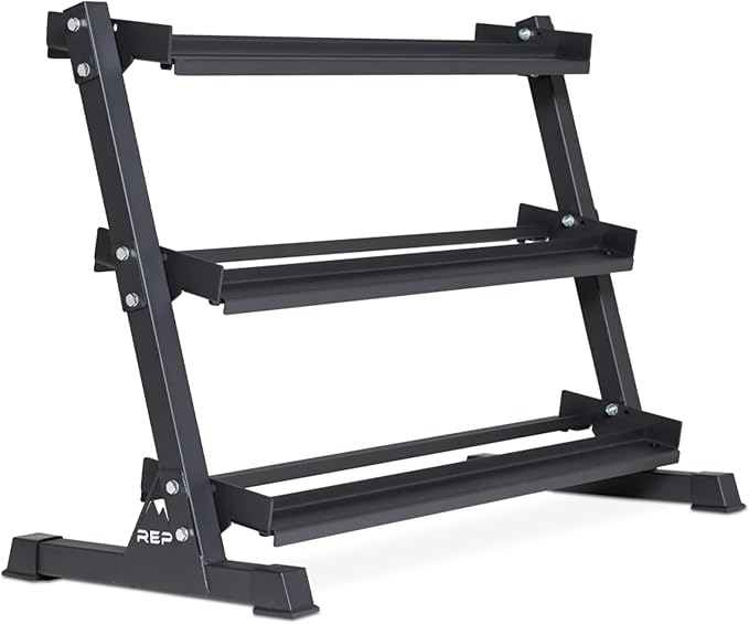 Rep Fitness Dumbbell Rack | 3-Tier Compact Holder | Fits Sets 5-50 lb | Weight Storage Stand | Rubber Hex Organizer | Free Weights Shelf | Heavy Duty Steel Frame | Gym Equipment for Home