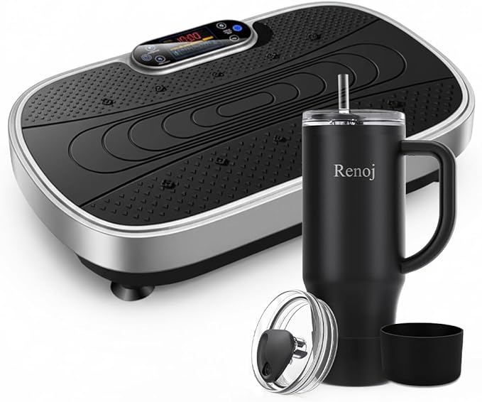 Vibration Plate Exercise Platform with Loop Bands + Renoj FlexSlide 32oz Insulated Stainless Steel Tumbler (Black) – Full Body Workout & Recovery Set