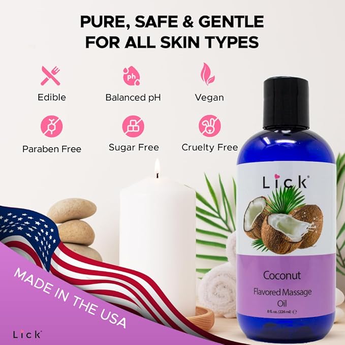 Lick Coconut Flavored Massage Oil – Tropical Edible Massage Oil with Sweet Almond Oil & Vitamin E, Hydrating Body-Safe Formula for Relaxing Couples Massage, 8 oz