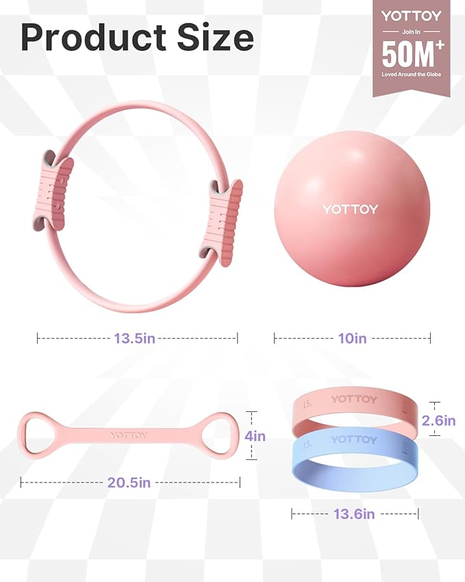 YOTTOY Pilates Ring and Ball Set, Figure 8 Resistance Bands, Stretch Bands&Guide,Pilates Equipment Set for Beginners for Home Workouts Core Strength, Yoga, Physical Therapy & Rehab