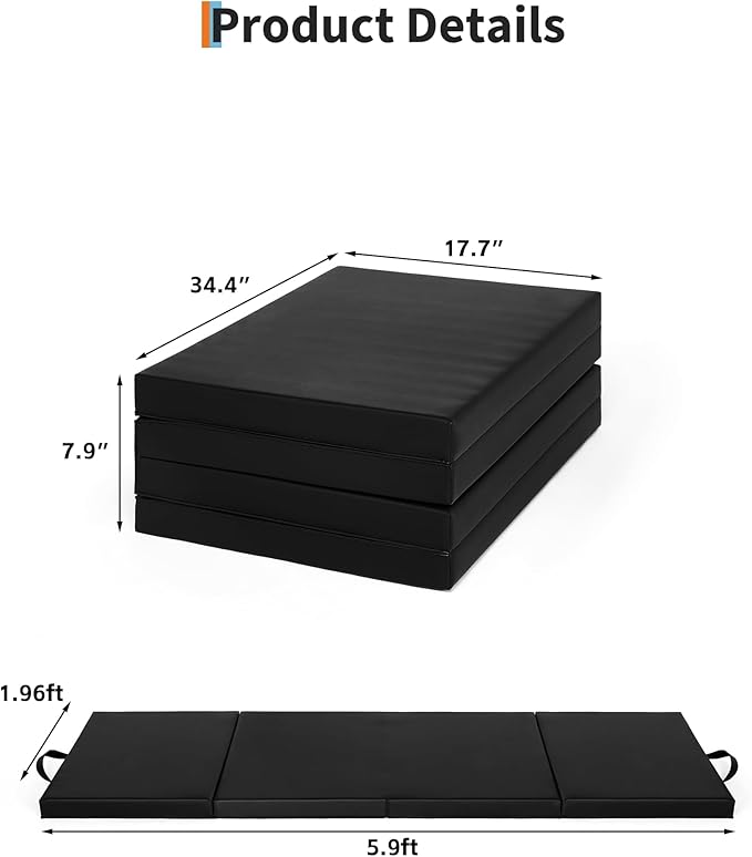 GarveeLife 6x2Ft Folding Gymnastics Mat, Exercise Mats & Gymnastics Tumbling Mats, Thick Portable Home Gym Floor Pad for Yoga, Pilates, Aerobics & Martial Arts Training, Four Pads Folding design