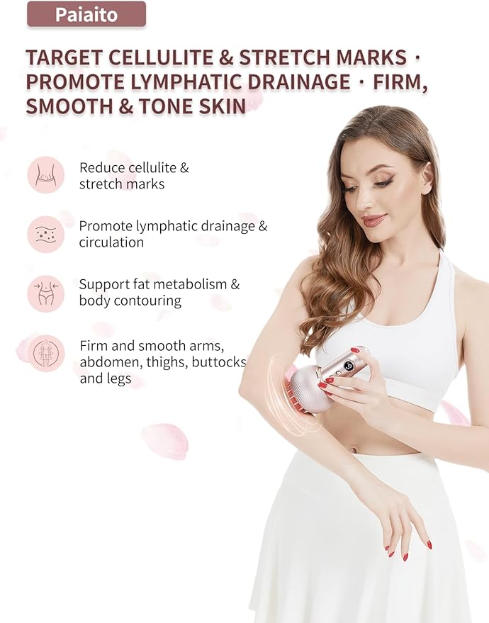 Lymphatic Drainage Massager & Anti Cellulite Massage Tool, Helps Reduce Stretch Marks & Cellulite, for Legs, Arms & Belly, Body Sculpting Machine with Microcurrent, Light, Heat & Vibration (Pink)