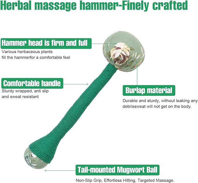 2PCS Long Size Lymphatic Drainage Hammer, Manual Body Massage Hammer, Anti Slip Longer Handheld Herbal Massage Hammer with Two Ends for Back Pain Relief (Light Green)