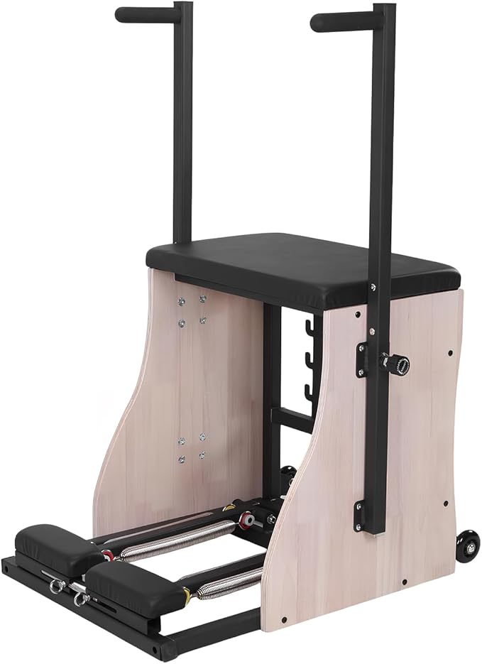 Oak Wood Pilates Chair Reformer Machine Adjustable Fitness Chair with Resistance Bands and 4 Level Handles Split Pedals for Home Use and Studiout Rehabilitation Exercises
